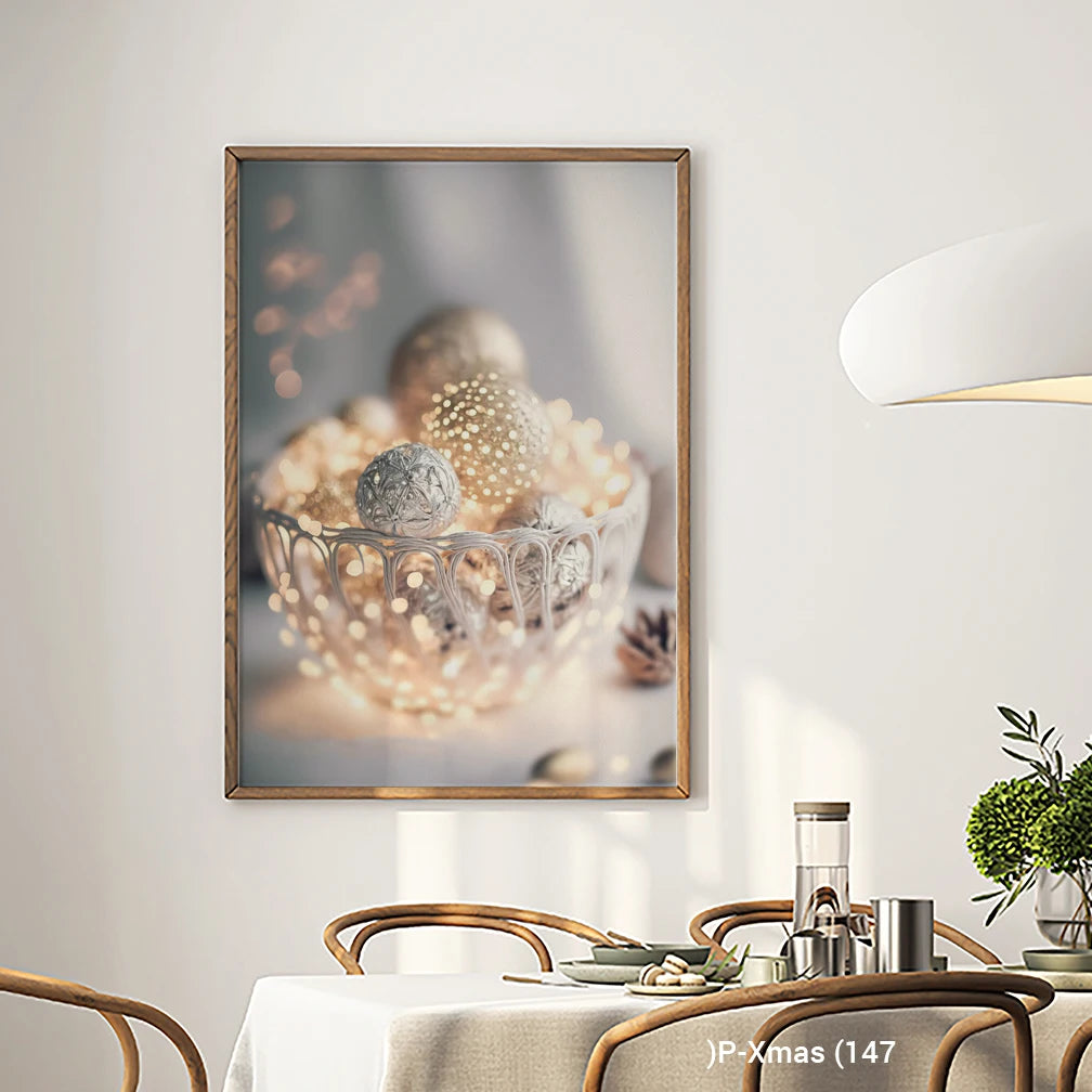Modern Gold Ornaments and Fairy Lights Christmas Wall Art on Canvas with Wood Frame Wholesale Decor