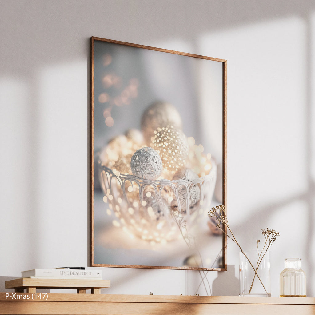 Modern Gold Ornaments and Fairy Lights Christmas Wall Art on Canvas with Wood Frame Wholesale Decor