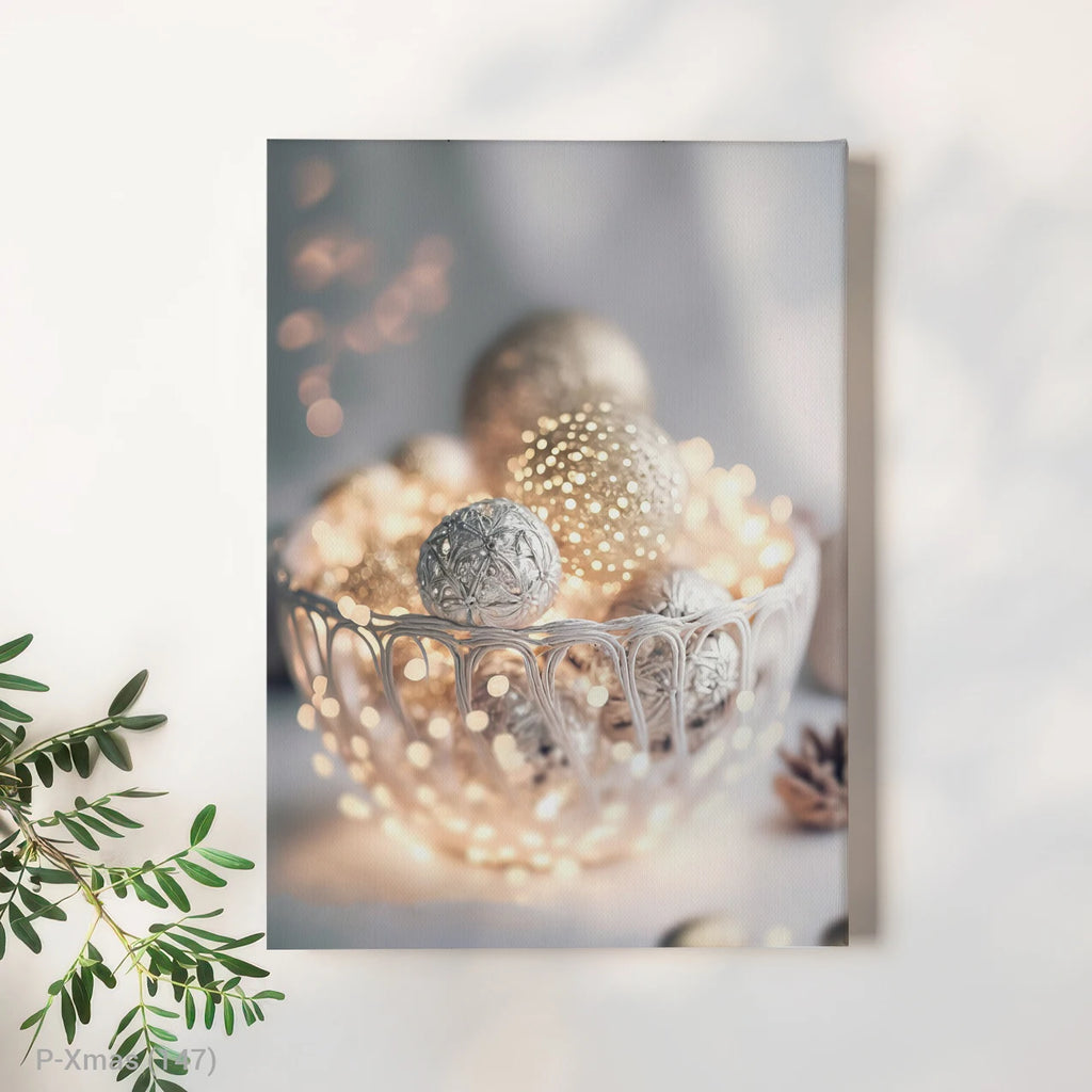 Modern Gold Ornaments and Fairy Lights Christmas Wall Art on Canvas with Wood Frame Wholesale Decor
