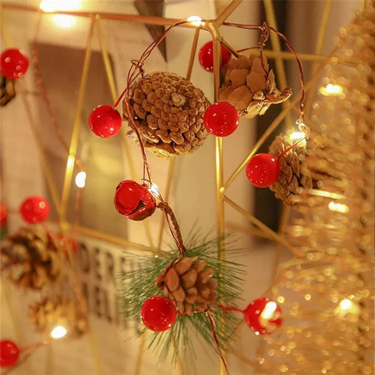 2M 20Leds Garland With fairy Lights Pine Cone Berries Indoor and Outdoor Christmas Tree Lights Winter Holiday New Year Decor