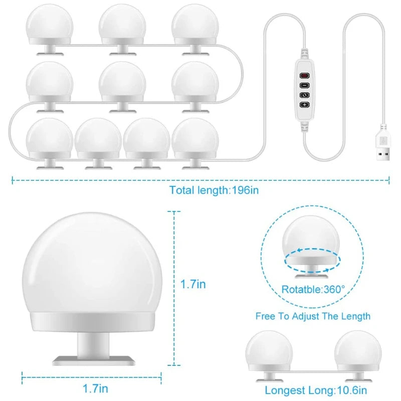 LED Light Makeup Mirror Bulbs Vanity Lights USB 12V Bathroom Dressing Table Lighting Dimmable LED Vanity Light For Mirror Light