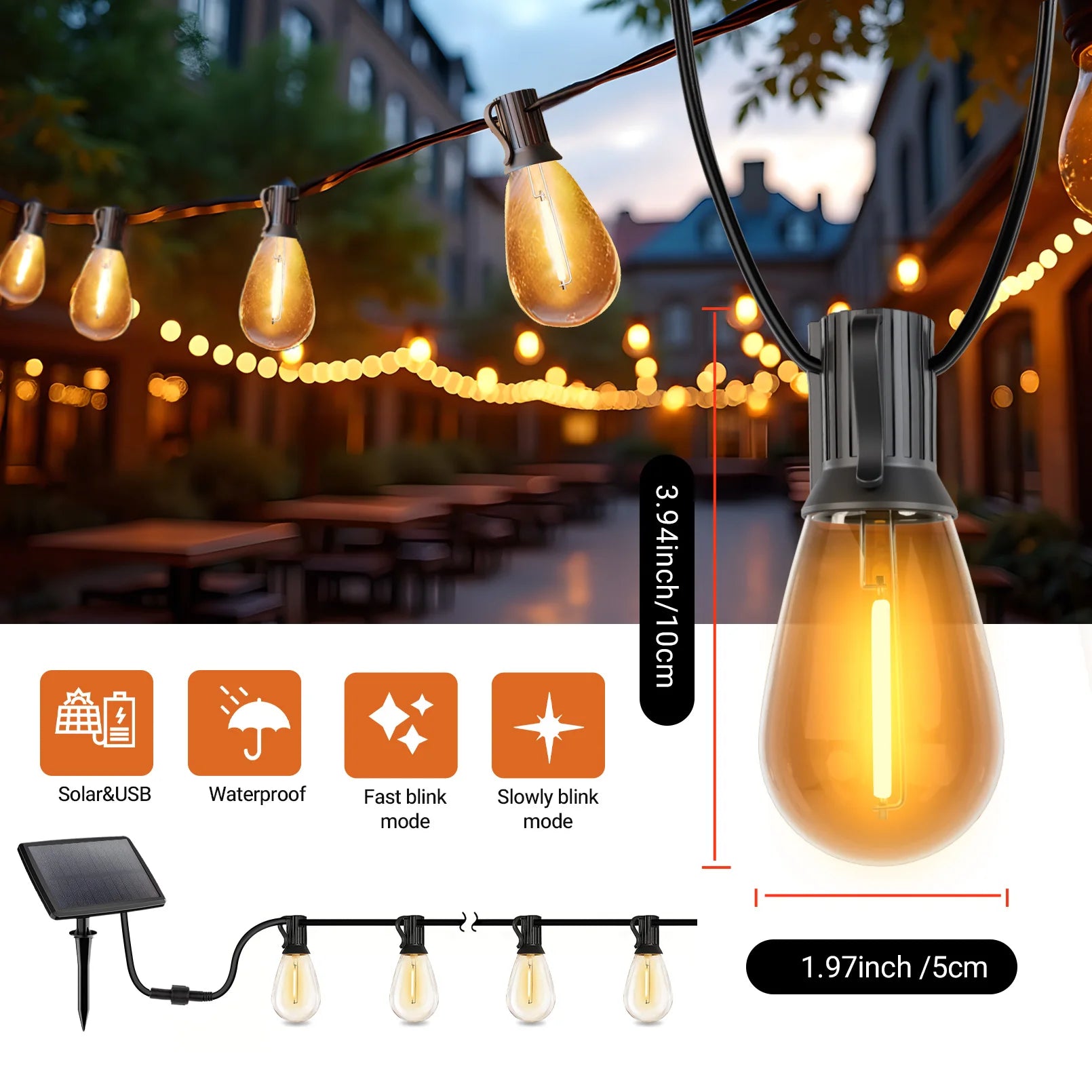 S14 100ft Solar String Lights Waterproof Outdoor Garden Patio Backyard 50 Bulbs 2700K Warm White Energy-Saving