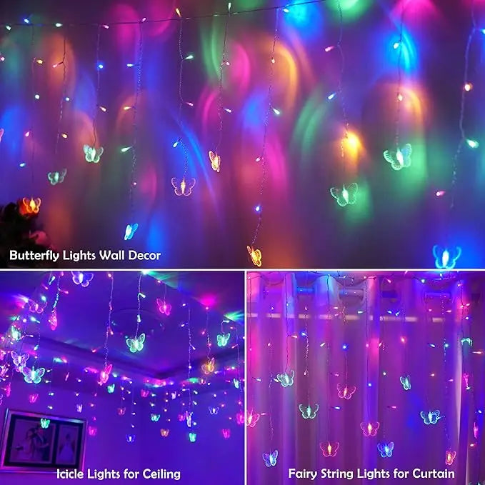 Butterfly Curtain Fairy Lights Twinkle Icicle String Lights Waterproof for Kids Bedroom Indoor Outdoor Christmas Wedding Party