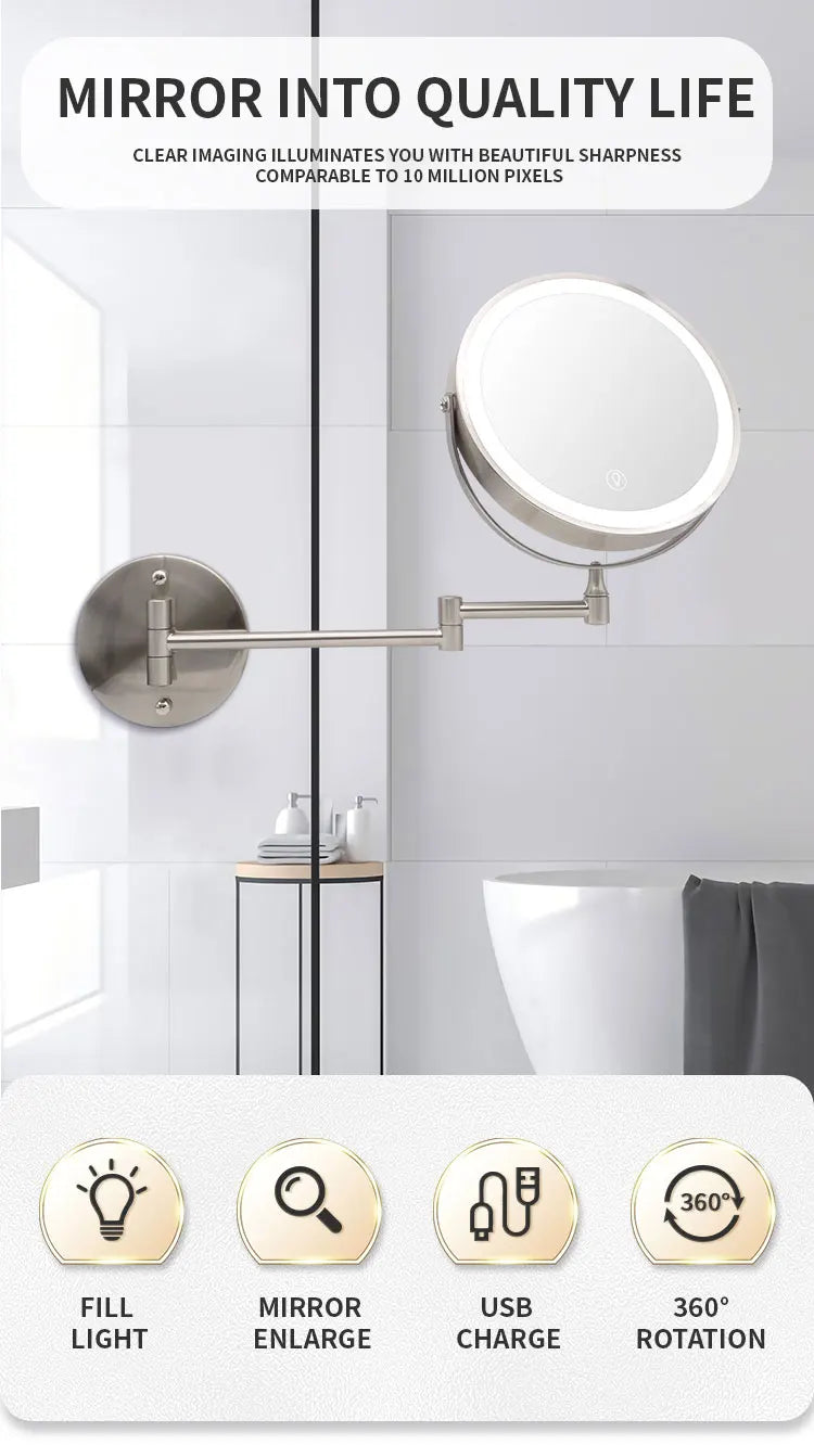 8 Inch Wall Mounted Bathroom Mirror Adjustable LED Makeup Mirror 10X Magnifying Touch Vanity Cosmetic Mirrors with Light