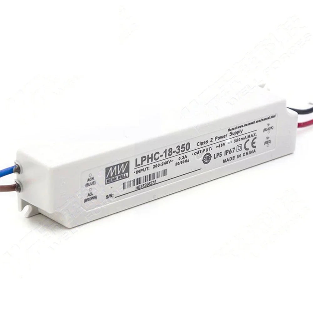 MEAN WELL LPHC-18-350 LED Power Supply, 350mA 16.8W, IP67 Waterproof, 80% Efficient for Outdoor Displays and Smart Home Lighting