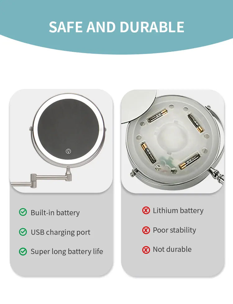 8 Inch Wall Mounted Bathroom Mirror Adjustable LED Makeup Mirror 10X Magnifying Touch Vanity Cosmetic Mirrors with Light