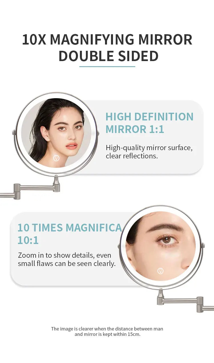 8 Inch Wall Mounted Bathroom Mirror Adjustable LED Makeup Mirror 10X Magnifying Touch Vanity Cosmetic Mirrors with Light