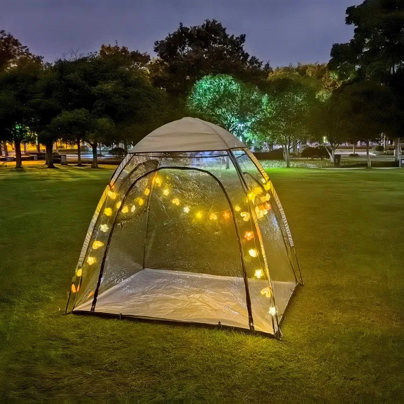 Transparent PVC Tent with Fairy Lights for Outdoor Camping, PVC Bubble Tent with Romantic Night Lights, Winter Clear PVC Tent