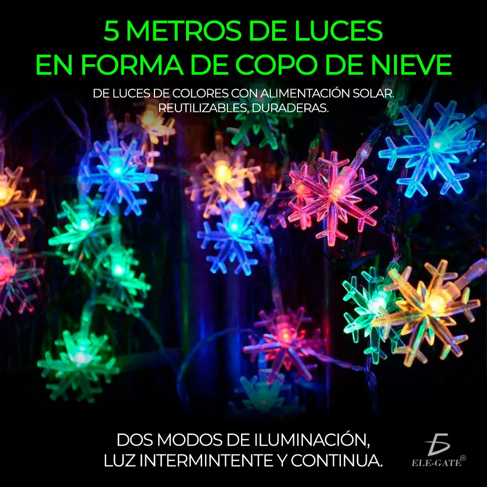 Solar String Lights Colorful Snowflake 5 Meters Made in Mexico