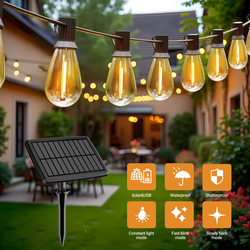 S14 100ft Solar String Lights Waterproof Outdoor Garden Patio Backyard 50 Bulbs 2700K Warm White Energy-Saving
