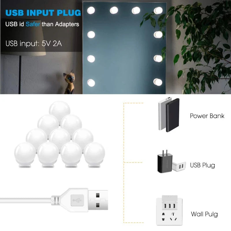LED Light Makeup Mirror Bulbs Vanity Lights USB 5V Bathroom Dressing Table Lighting Dimmable LED Vanity Light For Mirror Light