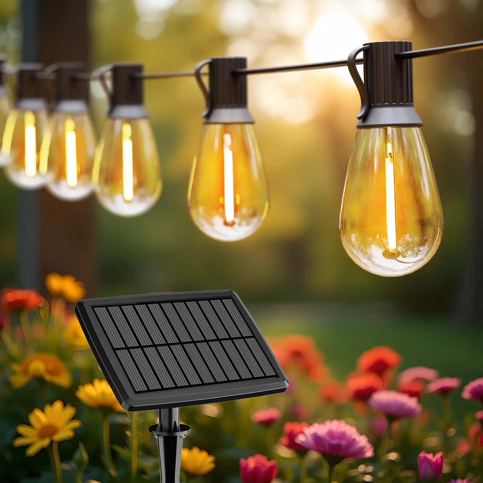 S14 100ft Solar String Lights Waterproof Outdoor Garden Patio Backyard 50 Bulbs 2700K Warm White Energy-Saving