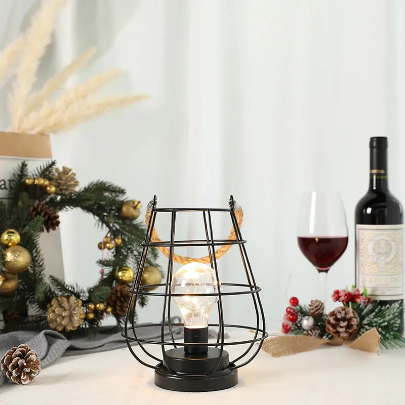 RTS 8.5" Cage Bulb Lantern Bedside Lamp Battery Powered Cordless Accent Light with Warm White Fairy Lights LED Edison Bulb Lamp