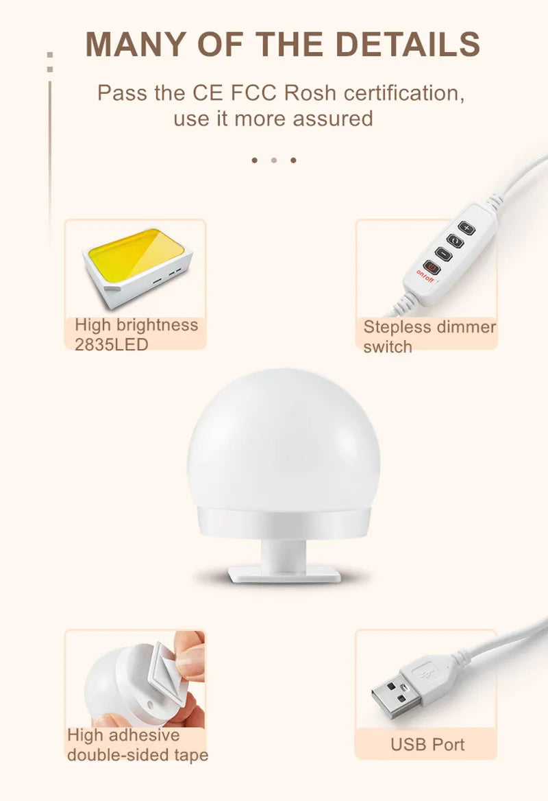 LED Light Makeup Mirror Bulbs Vanity Lights USB 12V Bathroom Dressing Table Lighting Dimmable LED Vanity Light For Mirror Light