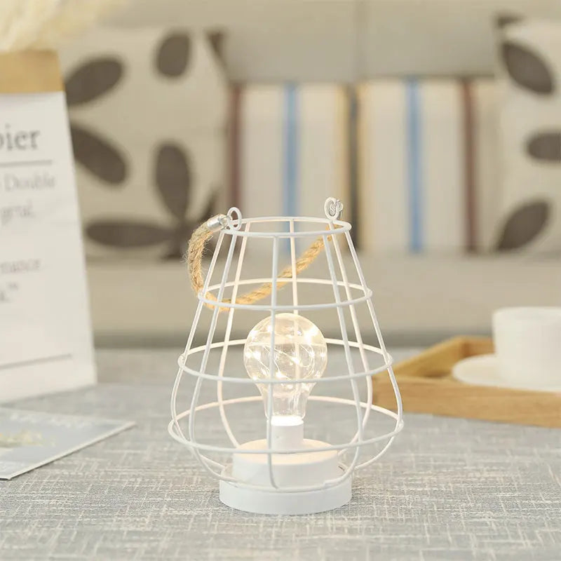 RTS 8.5" Cage Bulb Lantern Bedside Lamp Battery Powered Cordless Accent Light with Warm White Fairy Lights LED Edison Bulb Lamp
