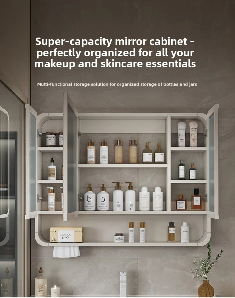 Smart LED Bathroom Mirror Cabinet - Space Aluminum Arc Wall-Mounted Organizer with Lighting Vanity Storage & Anti-Fog Technology