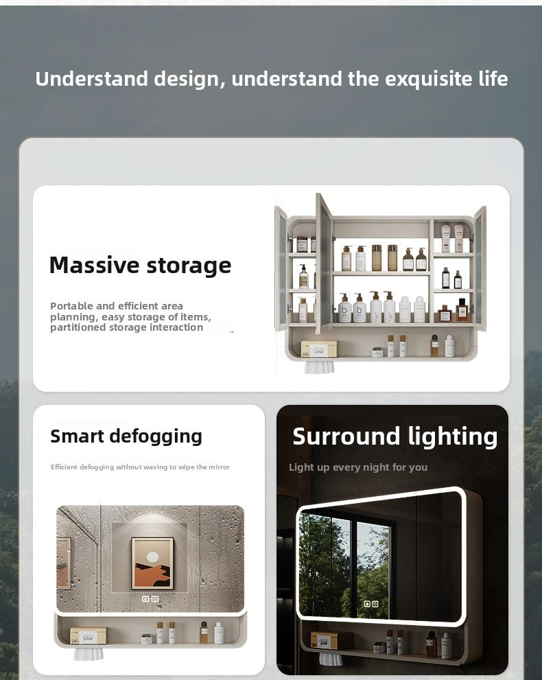 Smart LED Bathroom Mirror Cabinet - Space Aluminum Arc Wall-Mounted Organizer with Lighting Vanity Storage & Anti-Fog Technology