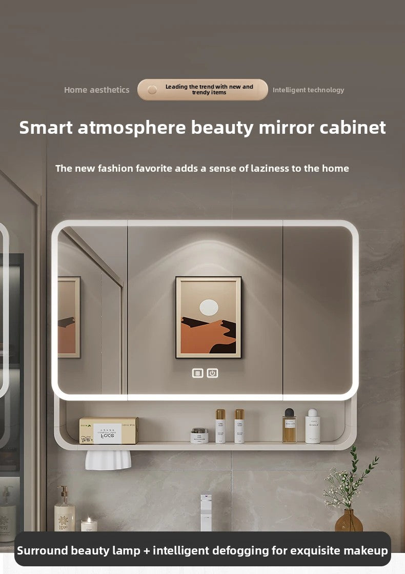 Smart LED Bathroom Mirror Cabinet - Space Aluminum Arc Wall-Mounted Organizer with Lighting Vanity Storage & Anti-Fog Technology