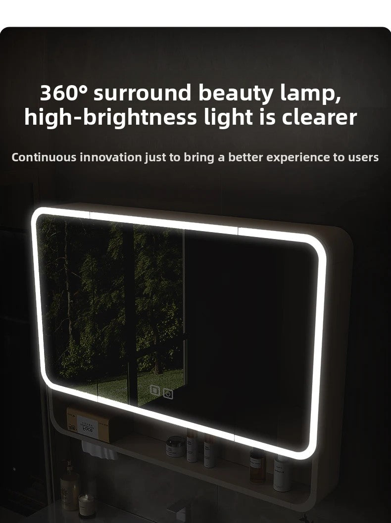 Smart LED Bathroom Mirror Cabinet - Space Aluminum Arc Wall-Mounted Organizer with Lighting Vanity Storage & Anti-Fog Technology
