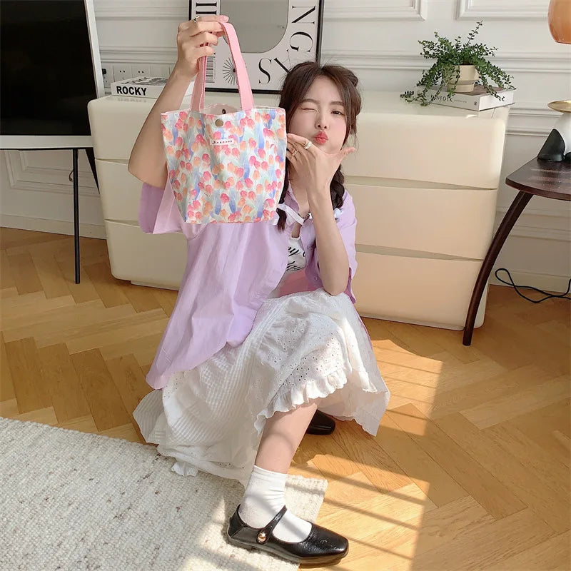 Women's Beauty Flower Canvas Bag Outside Shopping Toiletry Phone Oagnzier Storage Bags Korean Cloth Handbags Lunch Box Bento Bag