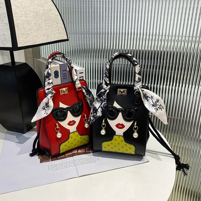 2024 Brand Beauty Glasses Handbags for Women High Quality PU Shoulder Bag Cute Scarf Purses and Crossbody Bag