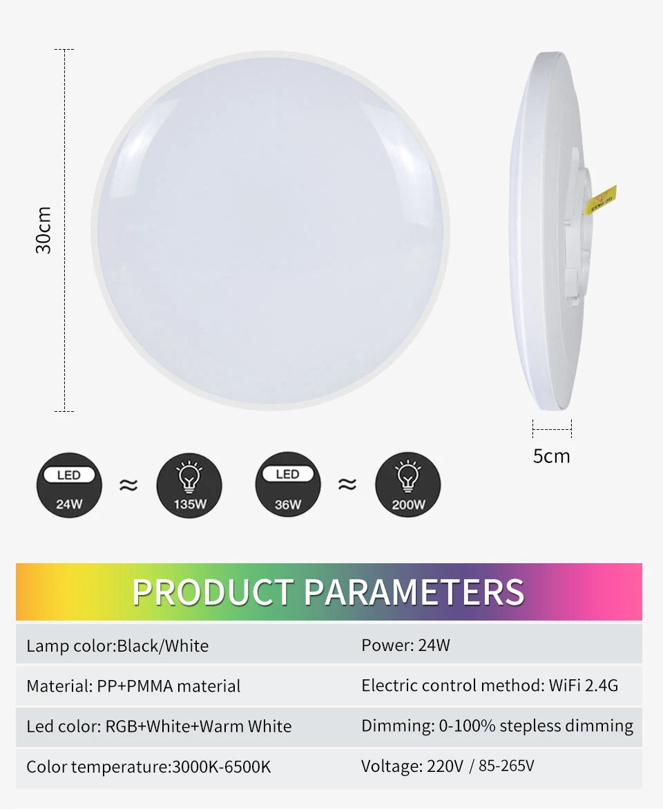 85-265V 220V Smart WiFi BLE LED Ceiling Light 24W Round Ceiling Lamp Room Indoor Lighting Tuya Smart Life App Alexa Geogle Home