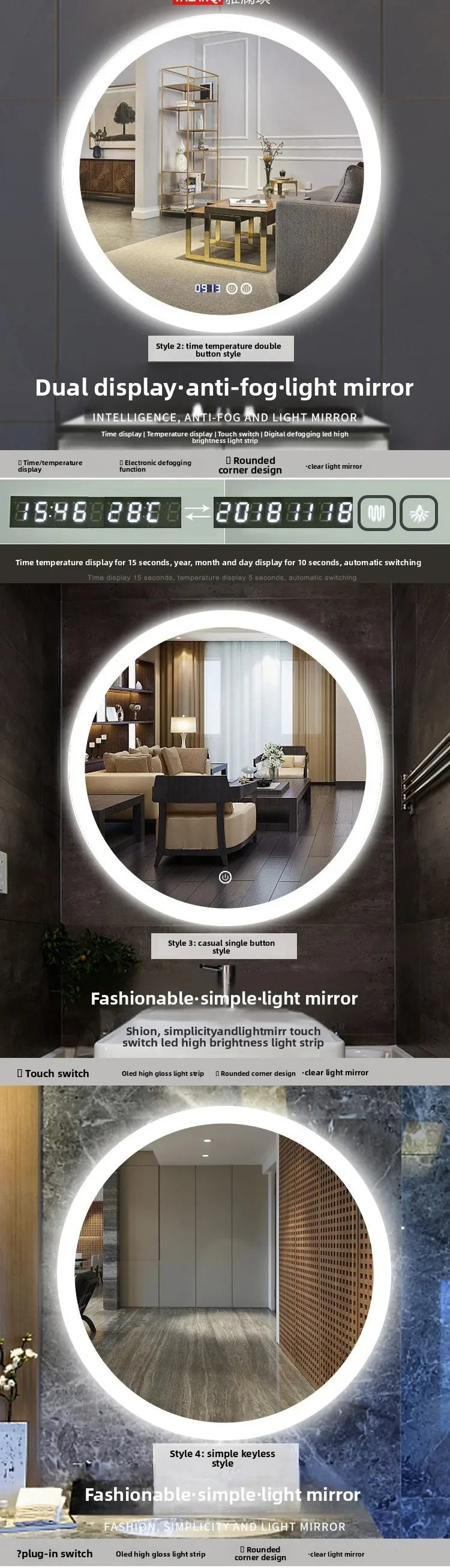 Led Mirror with Light Vanity Mirror 19.5 Inch Smart Round Mirror Bathroom Mirror Anti-fog Makeup Wall Hanging Bathroom Bathroom