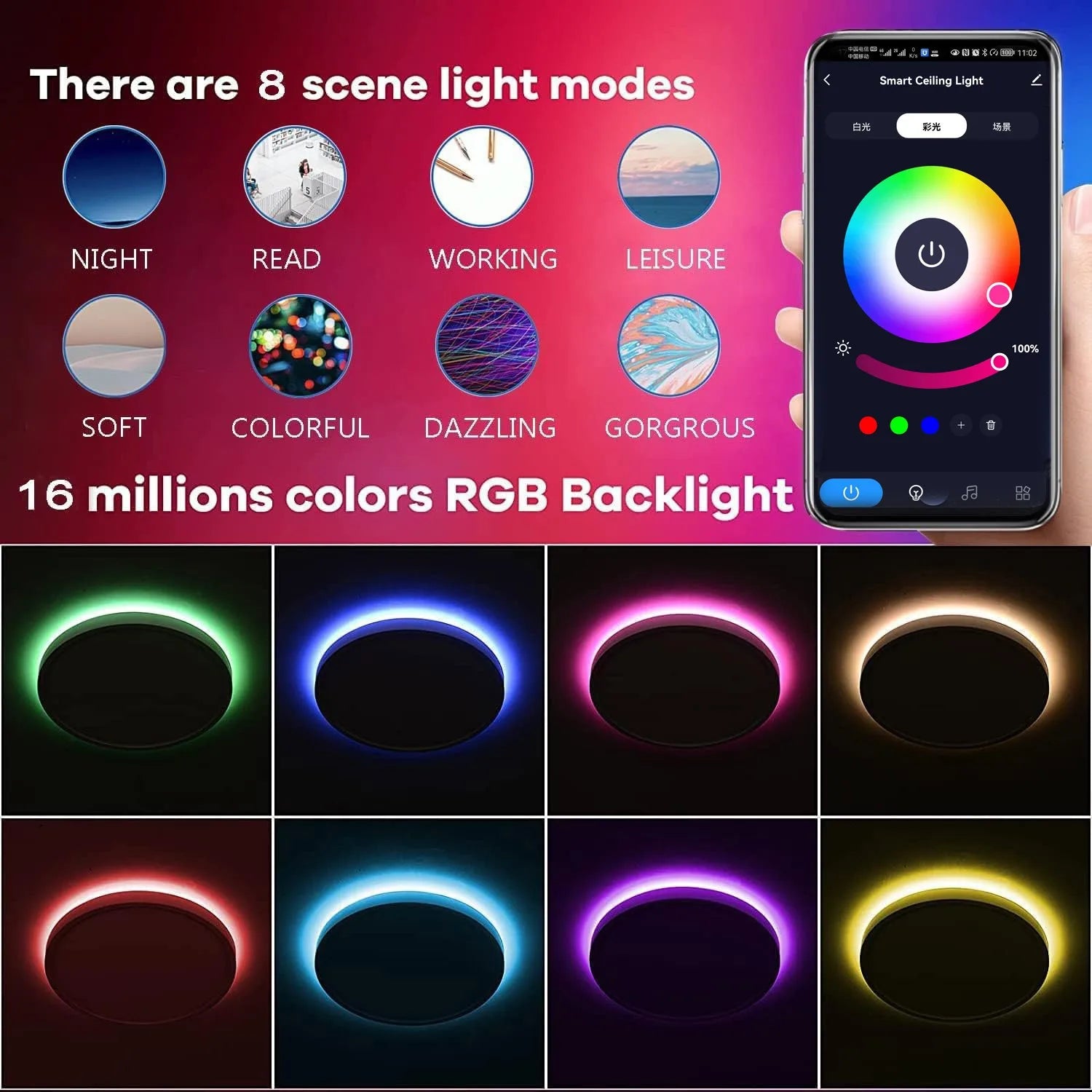 Smart LED Ceiling Light with RGB Backlight Bluetooth Tuya APP Remote Control Dimming Living Room Bedroom Home Decor Ambient Lamp
