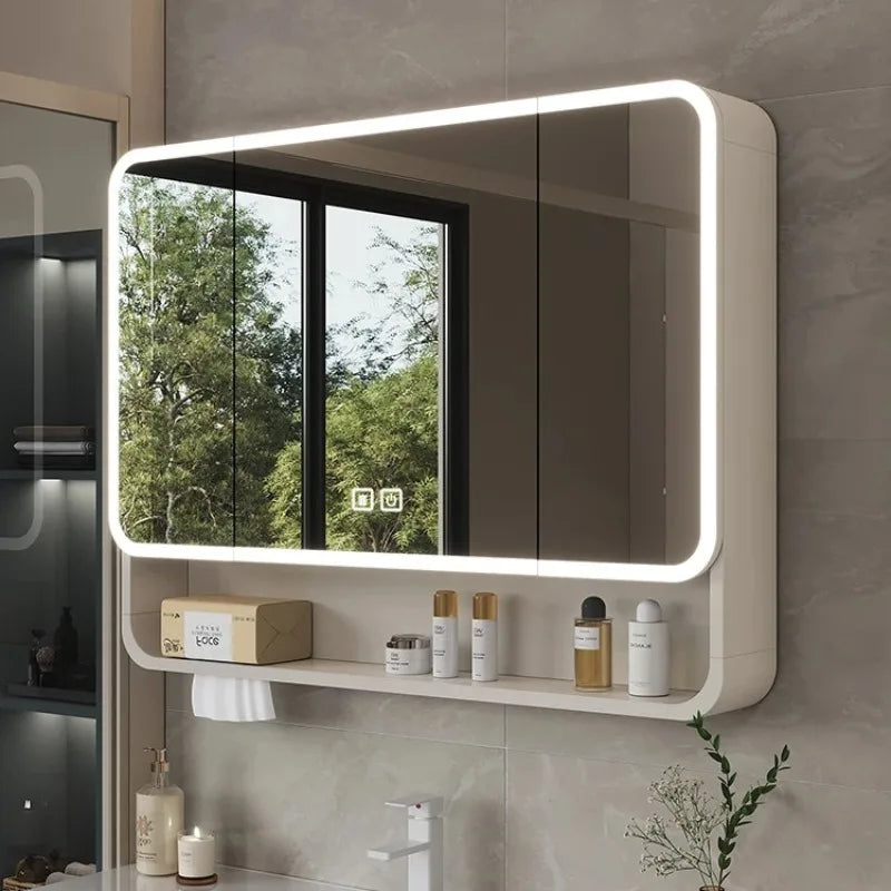 Smart LED Bathroom Mirror Cabinet - Space Aluminum Arc Wall-Mounted Organizer with Lighting Vanity Storage & Anti-Fog Technology