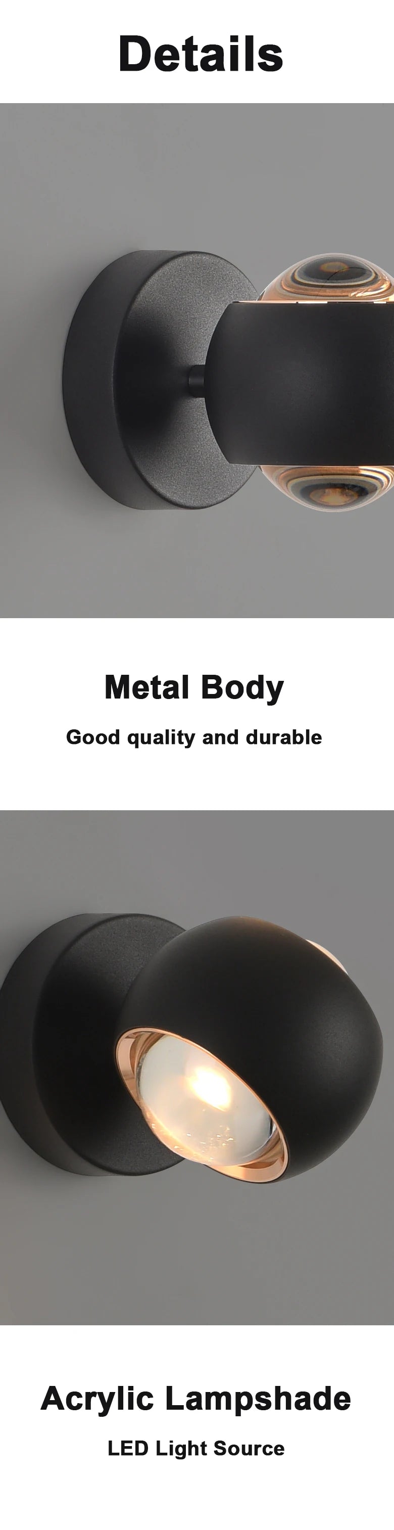Indoor Home Decoration Sconce Light Metal Body Acrylic Lampshade Up Down Wall Lamp Modern Bedroom Reading Rotatable Spot Lustres