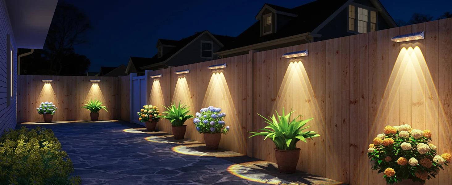 High-end Solar LED Fence Light IP66 Waterproof Auto ON OFF Warm White 6 Colors 7 Modes Solar Wall Lamp for Backyard Outside