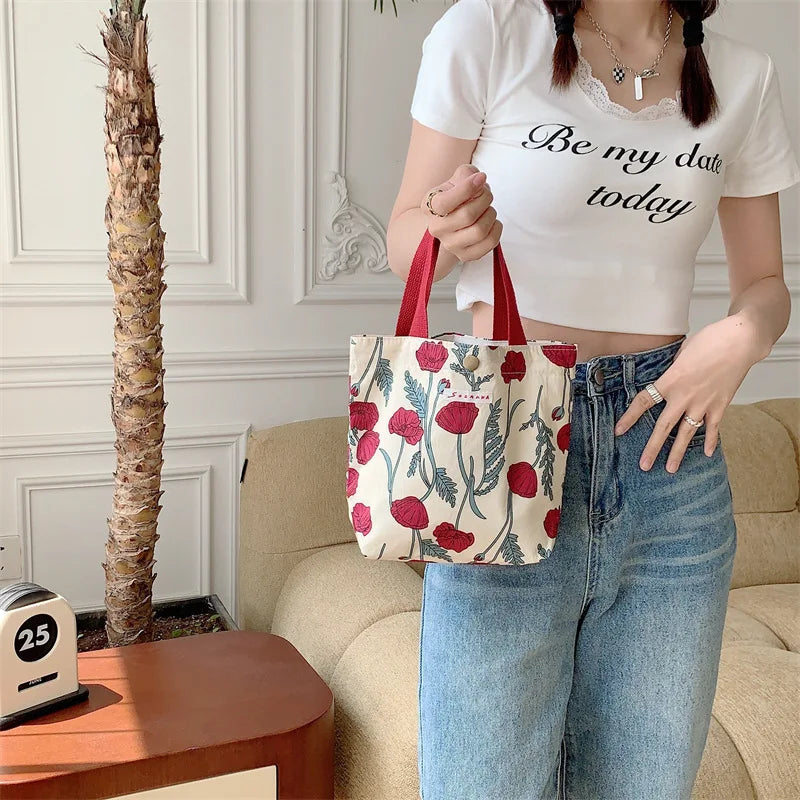 Women's Beauty Flower Canvas Bag Outside Shopping Toiletry Phone Oagnzier Storage Bags Korean Cloth Handbags Lunch Box Bento Bag