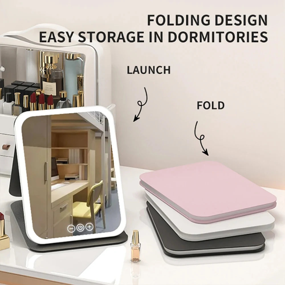 LED Makeup Mirror 3 Colors Light Portable Vanity with Adjustable Brightness USB Charging Foldable for Travel And Home Use