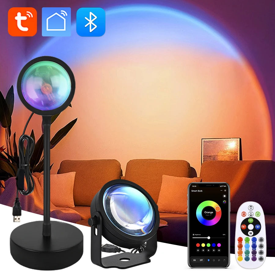 Smart LED Sunset Projector Lamp RGB Dimmable Atmosphere Light Tuya WiFi & IR Remote Control Ambient Lighting for Photography