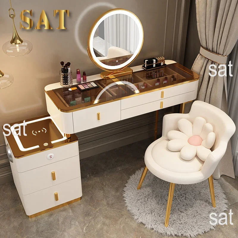 #Smart Bedroom Furniture Modern Simple Multi-functional Solid Wood Dressing Makeup Vanity Table With Wireless Charging