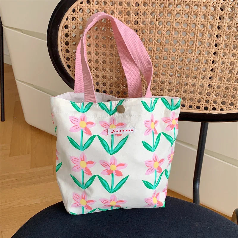 Women's Beauty Flower Canvas Bag Outside Shopping Toiletry Phone Oagnzier Storage Bags Korean Cloth Handbags Lunch Box Bento Bag