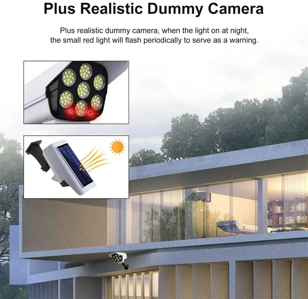 Outdoor Solar Light Motion Sensor Security Dummy Camera Wireless Flood Light IP65 Waterproof 77 LED Lamp 3 Mode For Home Garden