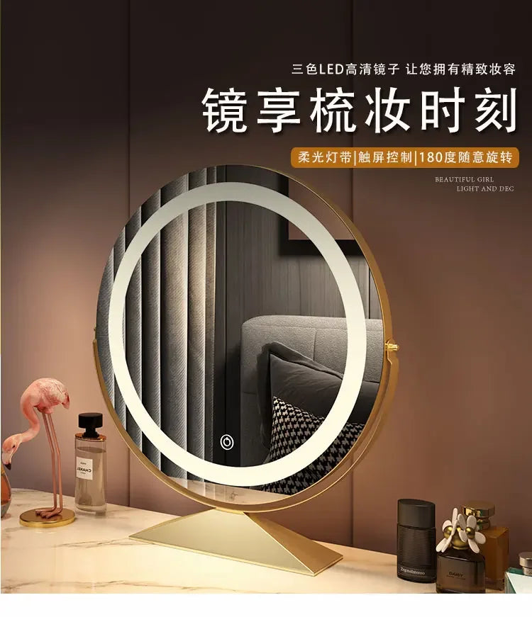 Smart Vanity Mirror with Lights Desktop Makeup Mirror with Charging Portable Rotating Dressing Mirror for Bedroom and Dorm