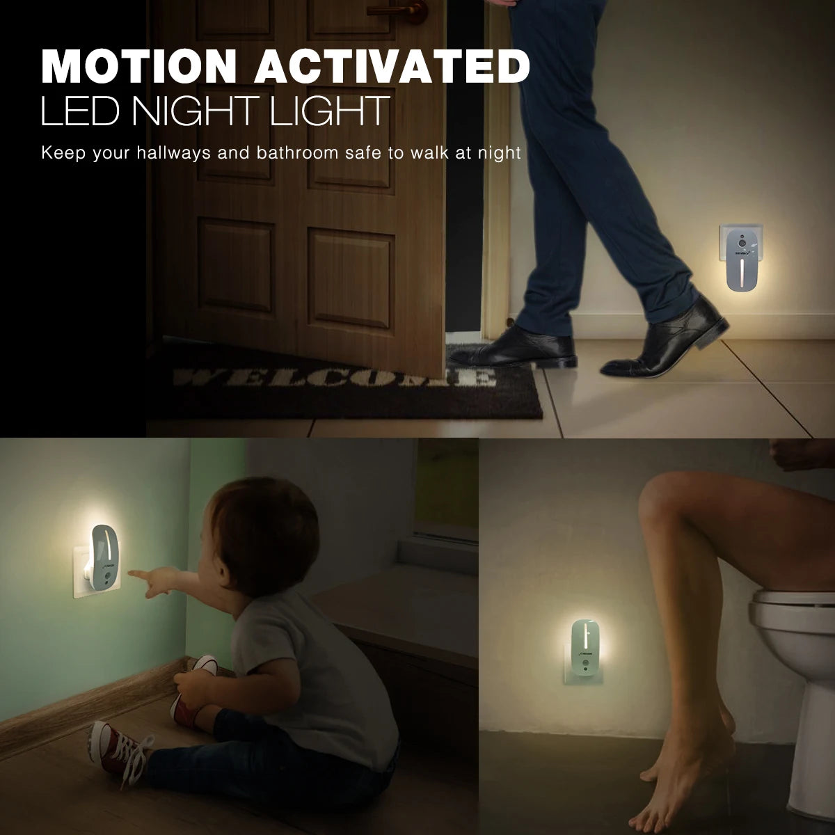Sensky Motion Sensor LED Night Light Eye Friendly Front Low Light and Bright Back Light Design Night Lights for Bathroom Hallway