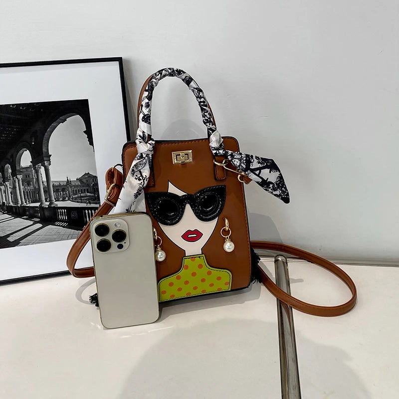 2024 Brand Beauty Glasses Handbags for Women High Quality PU Shoulder Bag Cute Scarf Purses and Crossbody Bag