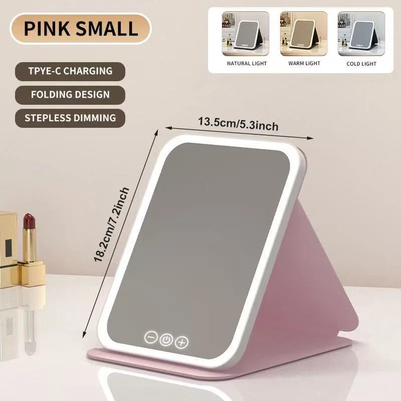 LED Makeup Mirror 3 Colors Light Portable Vanity with Adjustable Brightness USB Charging Foldable for Travel And Home Use