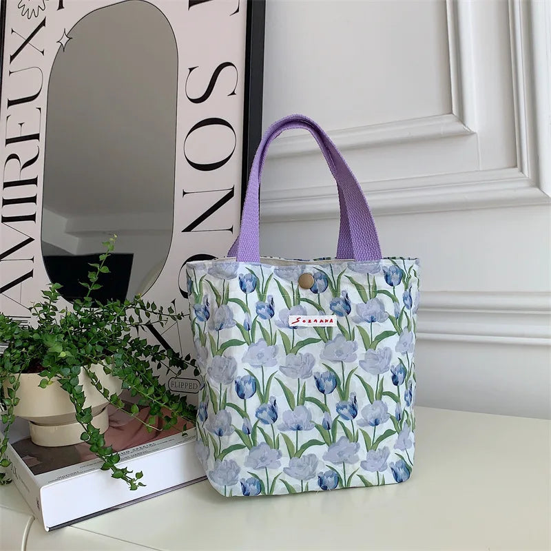 Women's Beauty Flower Canvas Bag Outside Shopping Toiletry Phone Oagnzier Storage Bags Korean Cloth Handbags Lunch Box Bento Bag
