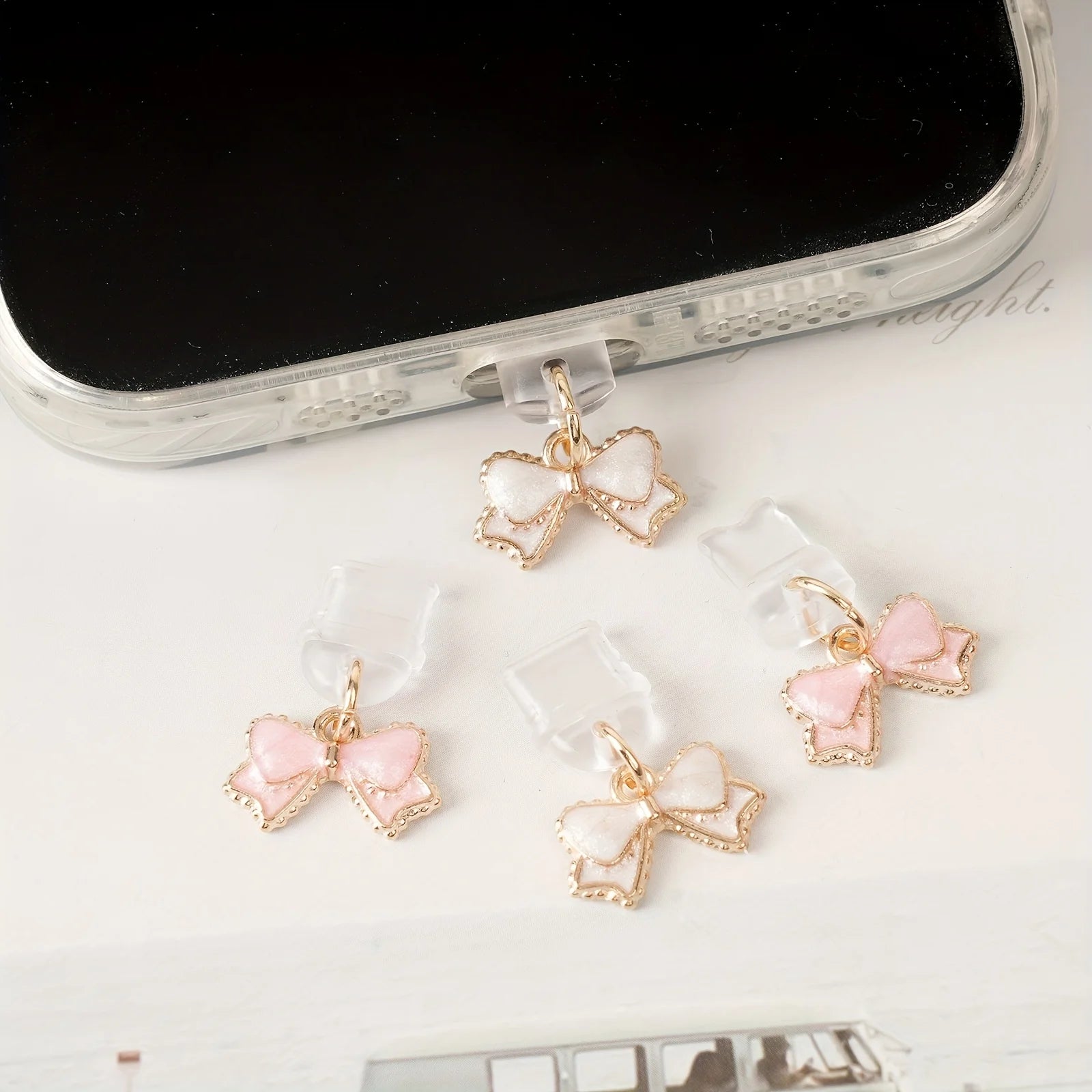 1 Exquisite Pink and White Bow-Shaped Phone Dust Plug, Gift for Couples/Family and Friends, Suitable for Iphone/Type-C Models, Phone Accessory