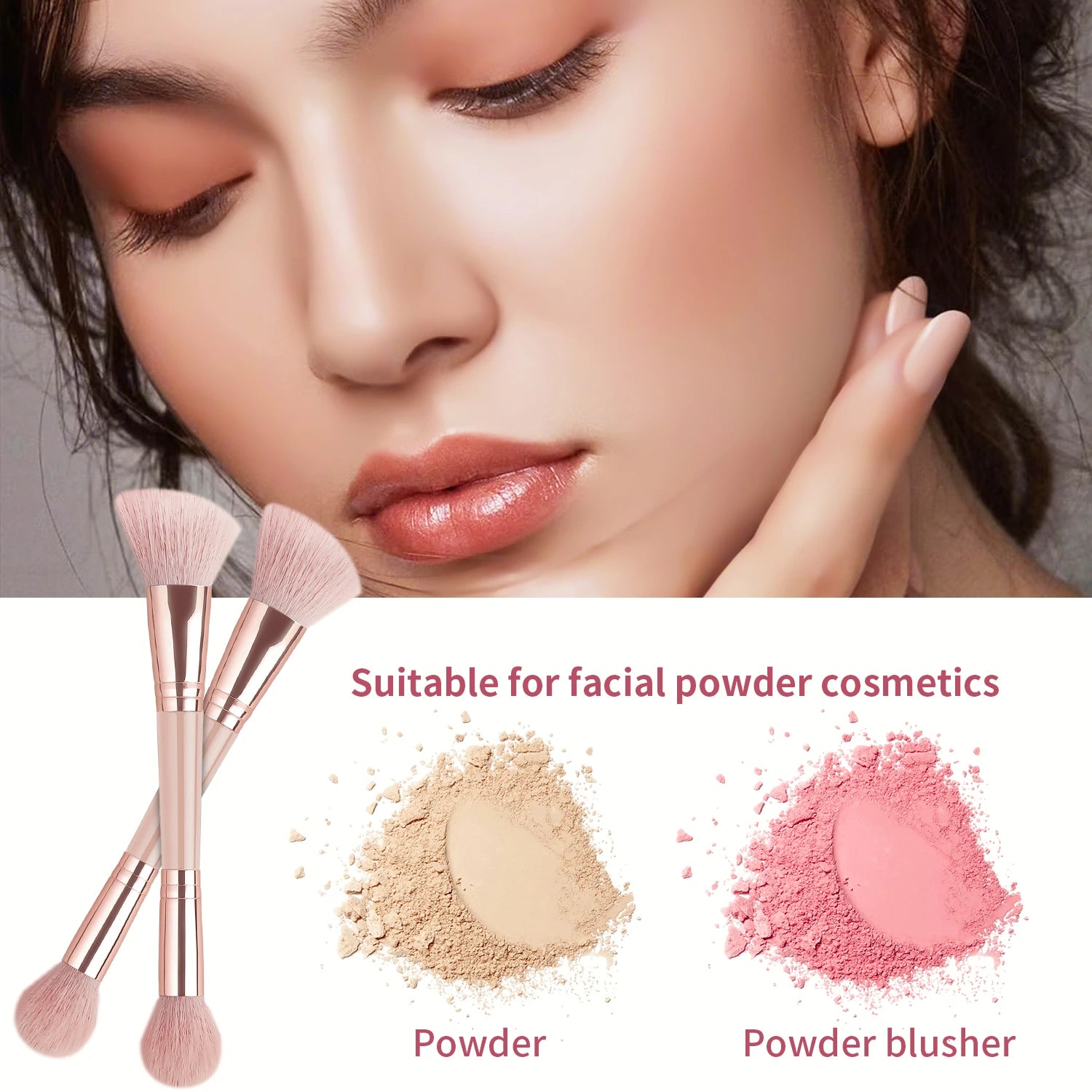 Single Dual-Ended Beauty Brush, Round Blending Brush + Angled Blush Brush Soft Bristle Makeup Tool