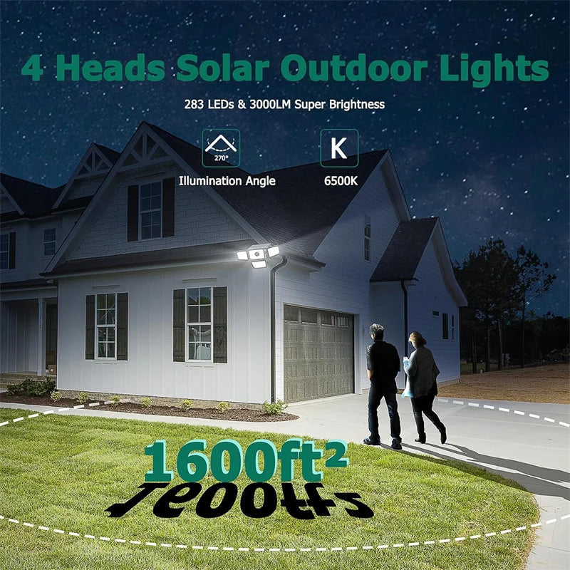 Solar Motion Sensor Flood Lights Outdoor, 283LED 3 Lighting Modes, 3 Head 360° Illumination IP65 Solar Security Lights for Porch