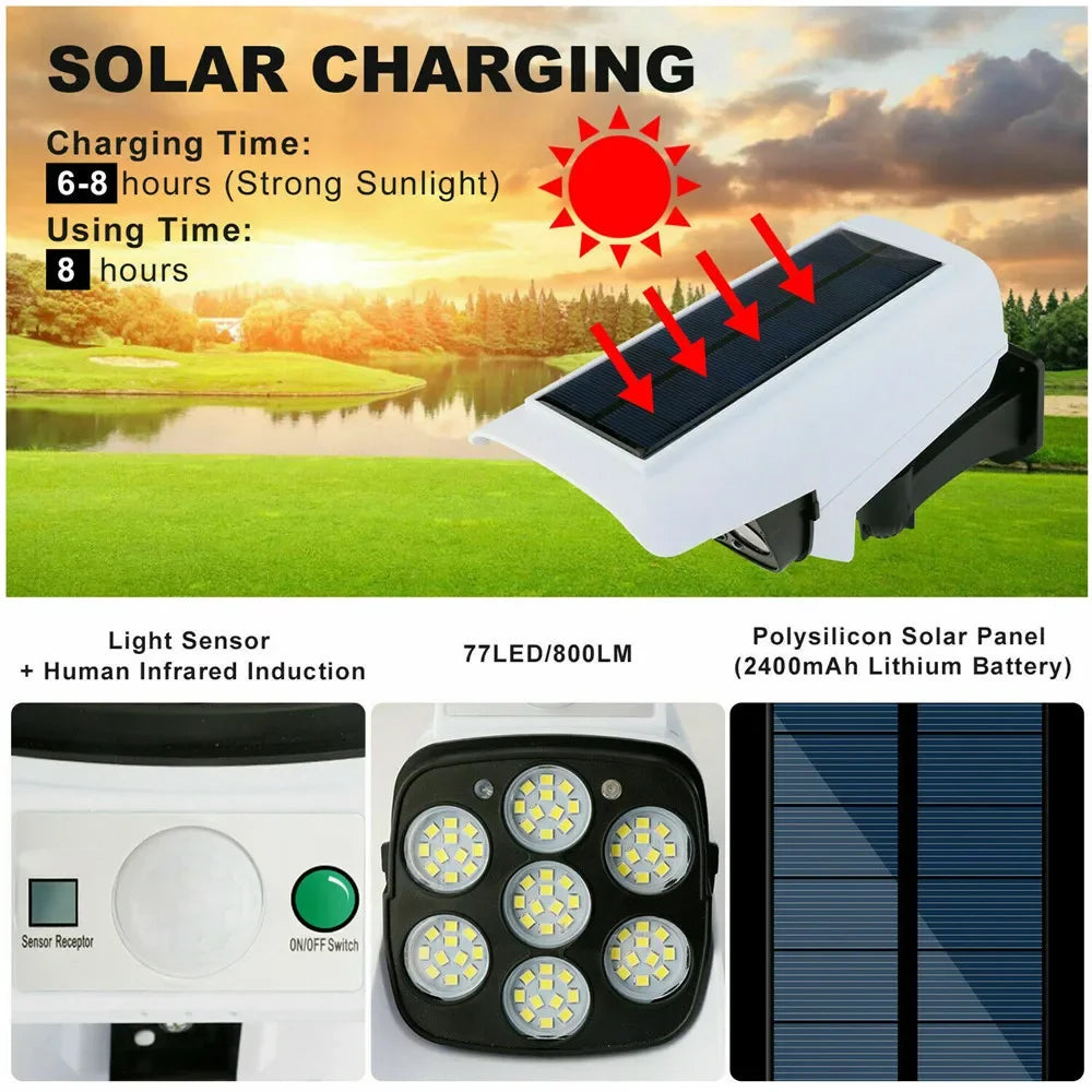 Outdoor Solar Light Motion Sensor Security Dummy Camera Wireless Flood Light IP65 Waterproof 77 LED Lamp 3 Mode For Home Garden