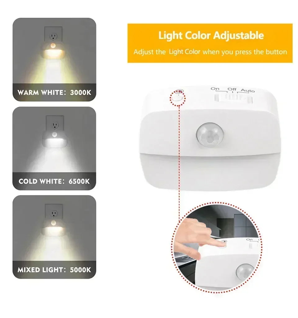 Motion Sensor LED Night Light 3 Color Temperature Plug in PIR Human Induction Lamp Bedroom WC Hallway Stair Emergency Lamp