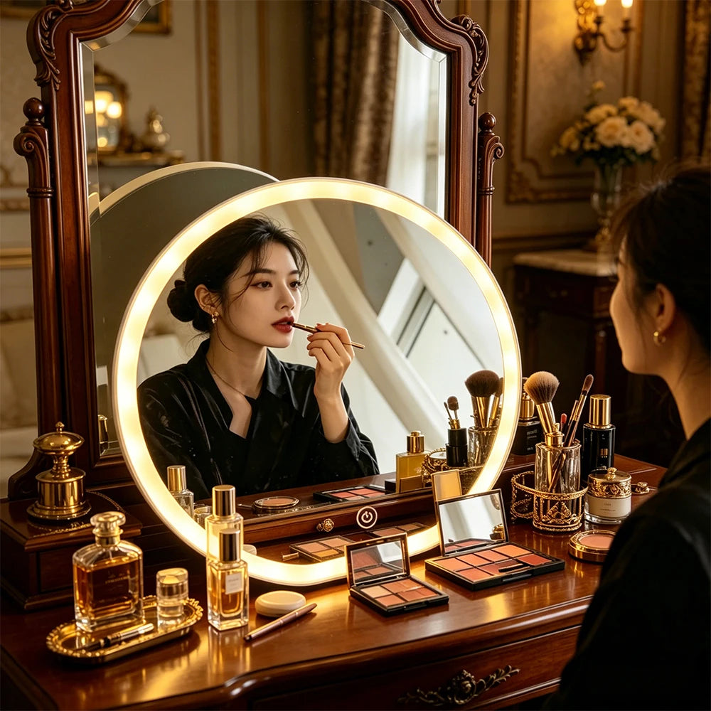 Round LED Lighted Makeup Mirror With Smart Touch Button Adjustable Brightness HD Cosmetic Vanity Mirror For Bedroom Dressing