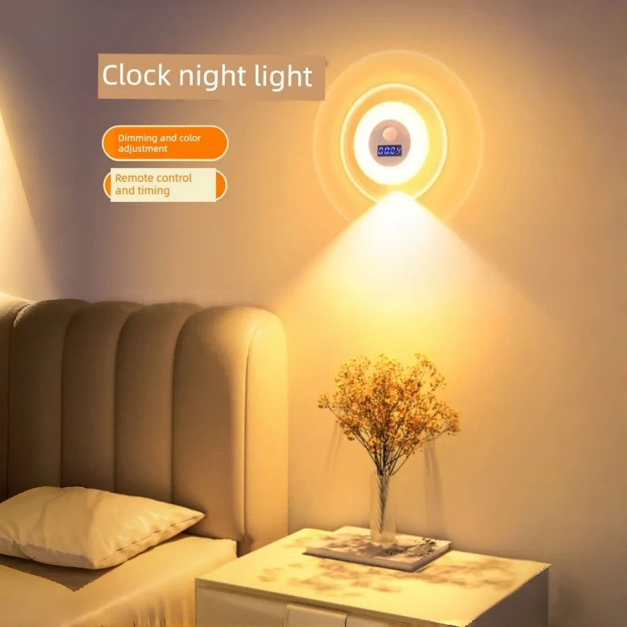Smart LED Motion Sensor Night Light with Clock 3 Color Stepless Dimming Hill Wall Lamp USB Rechargeable Bedroom Ambient Light