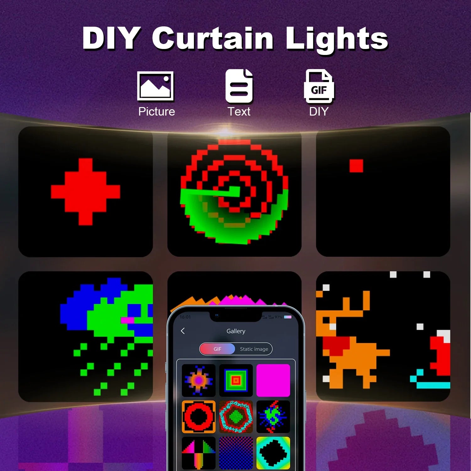 Smart LED Curtain Light APP Control RGB Dimmable DIY Pattern Music Ambient Lighting For Home Holiday Party Christmas Decoration